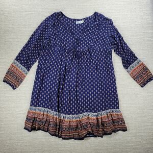 Time and Tru Boho Tassel Dress Womens XL Blue Rayon Cottagecore Border Print
